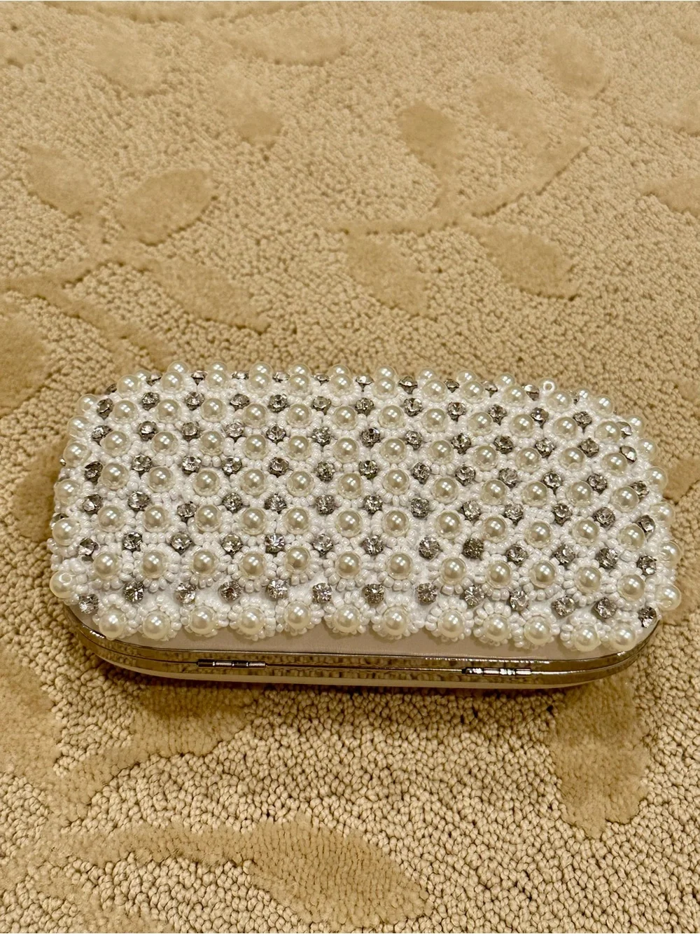 Pearl-Embellished Ivory Crossbody Clutch